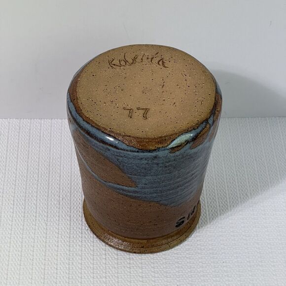 VINTAGE 1977 Stoneware SPOONS Utensil Crock Cobalt Blue Drip Glaze Artist Signed - Picture 10 of 12